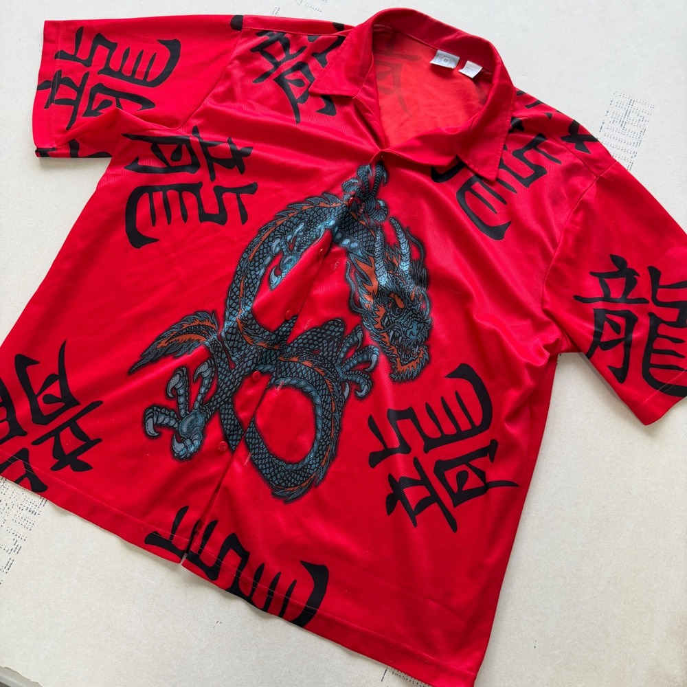 Y2K Utility Dragon Button Up Shirt